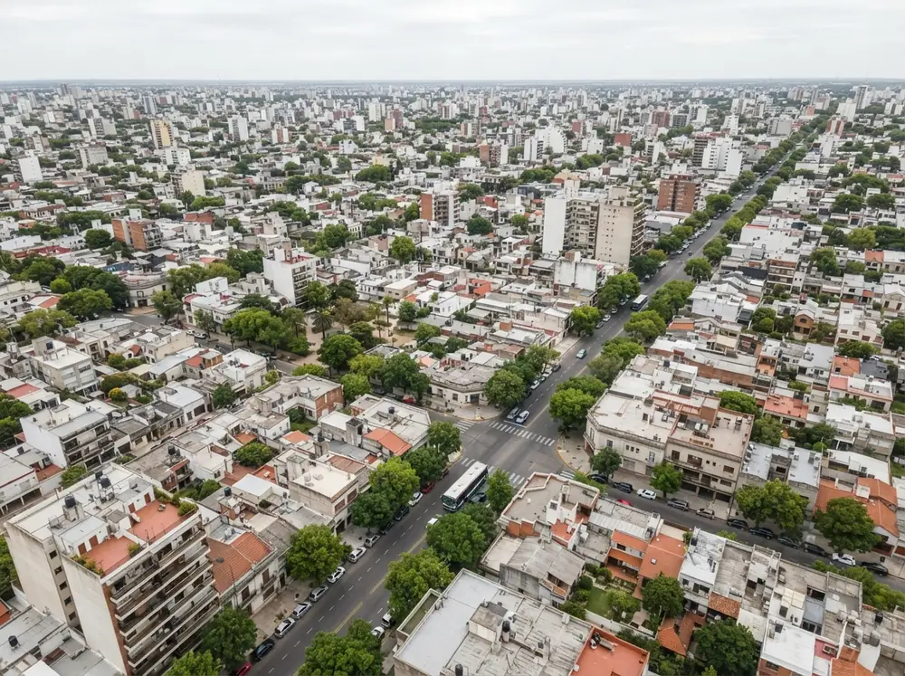 Vista aérea de un barrio de ciudad, con casas bajas y edificios entre avenidas arboladas
