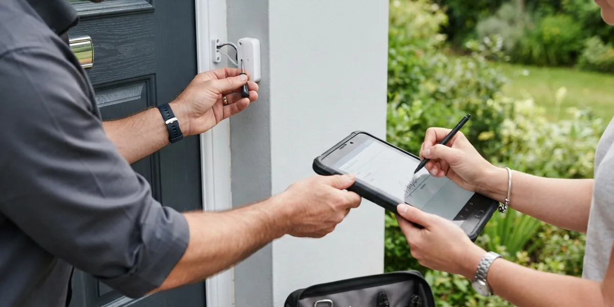 Técnico de alarmas instalando un sensor en la puerta de una casa mientras la dueña firma una planilla